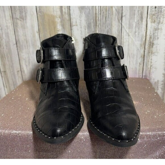 TREASURE & BOND Women 7M  Booties Harper Embossed Croc Ankle Black Buckles Zip - Picture 3 of 9